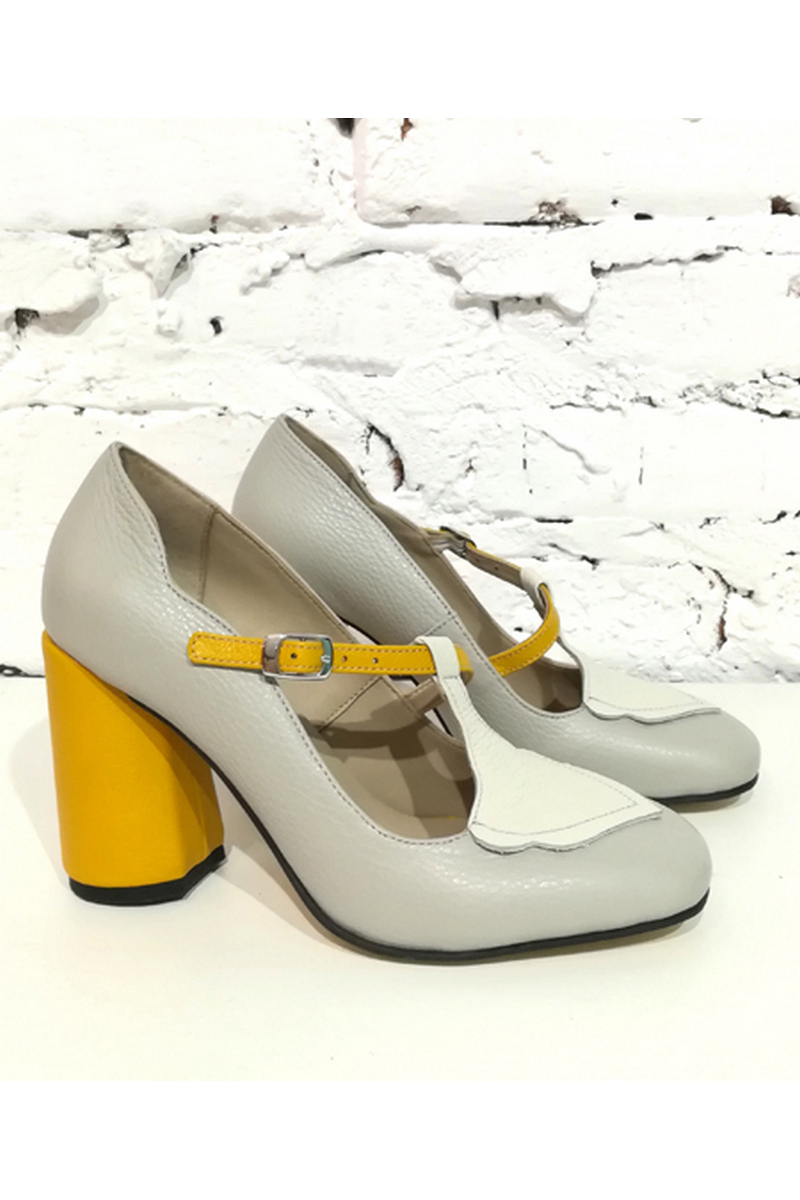 Buy T-strap gray leather comfortable wide high heel retro shoes, Unique designer shoes